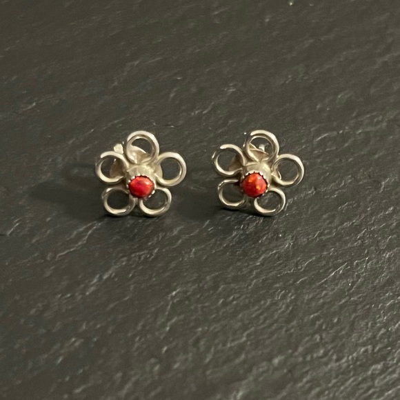 Handmade Sterling Silver Red Fire Opal Post Earrings - Picture 2 of 9